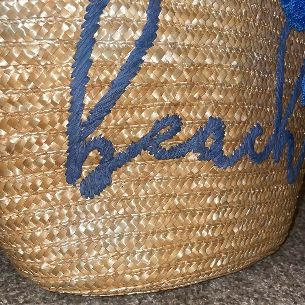 Mud Pie Navy Beach Straw Tote Bag with Pom Pom - Picture 2 of 6